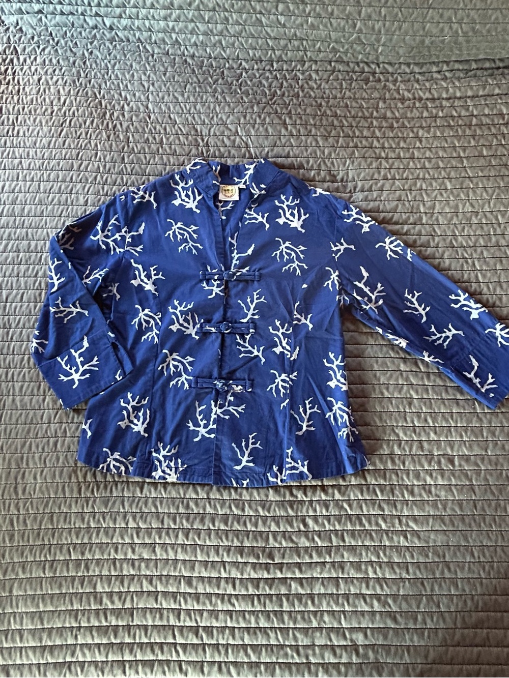 Three Islands Blue Coral Print Button-Front Jacket
